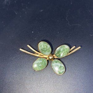 VINTAGE MID CENTURY BAL-RON 12KGF JADE FLOWER  Four Leaf Clover BROOCH  PIN